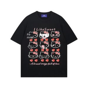 Retro Kitty Cat Collection Printed Short Sleeve T-Shirt for Men and Women, Pure Cotton Couple Loose Casual Top