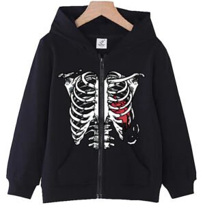 Trendy Design Ribbed Heart Print Kids Zip-Up Hoodie Casual Loose Fit Versatile