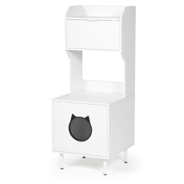 White wooden hidden cat trash can with rack and trash can shell, indoor cat house pet box, storage cabinet - Image 9