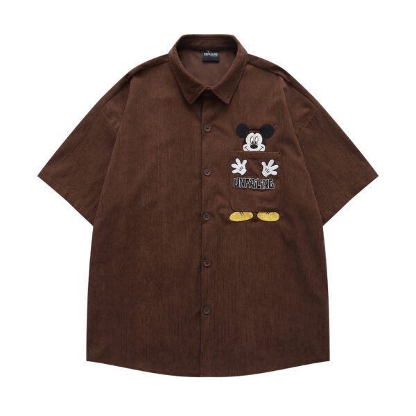 Creative Cartoon Embroidery Corduroy Short Sleeve Shirt Men's Loose Casual Versatile Couple Shirt - Image 3