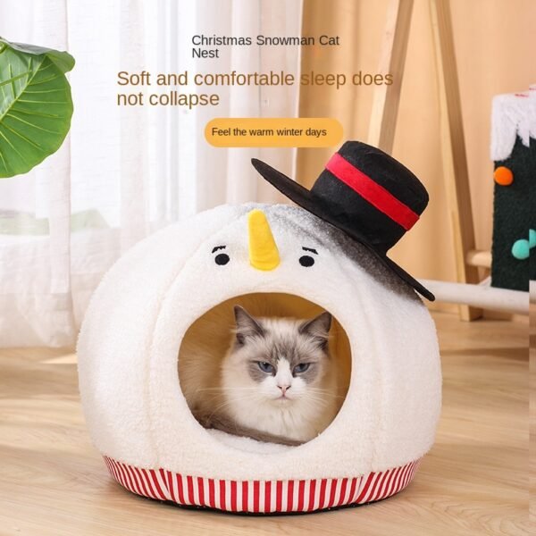 Cat Nest: Semi enclosed Cat House for All Seasons, Cute Christmas Snowman Cat Nest, Winter Warmth Pet Supplies - Image 2