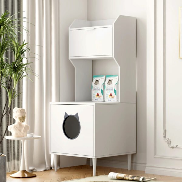 White wooden hidden cat trash can with rack and trash can shell, indoor cat house pet box, storage cabinet - Image 12