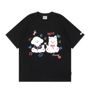 Retro Cute Fuzzy Dog Short Sleeve T-Shirt Unisex Summer Versatile Loose Casual Couple Top INS