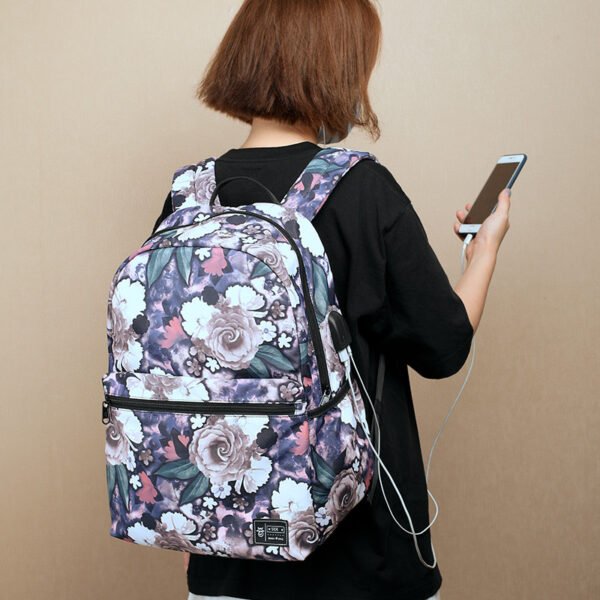 School bag two piece backpack peony print large capacity floral school bag USB backpack - Image 2