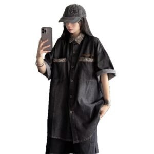 Splicing denim short sleeved shirt for women's summer vintage street style vintage shirt