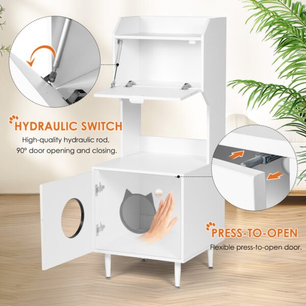 White wooden hidden cat trash can with rack and trash can shell, indoor cat house pet box, storage cabinet - Image 4