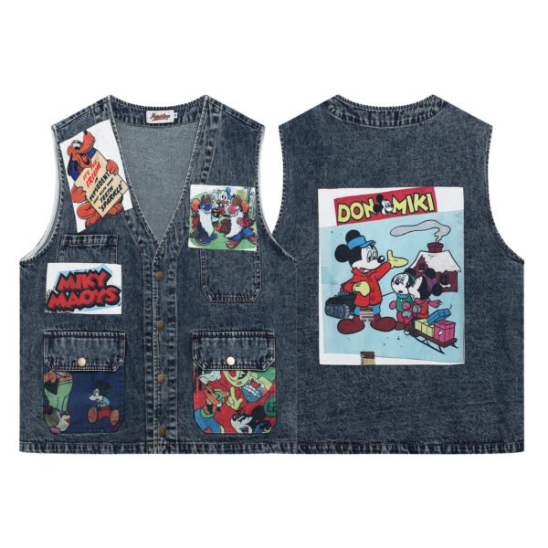 Cartoon Print Multi-Pocket Distressed Denim Vest for Women and Men Loose Layered Jacket - Image 3