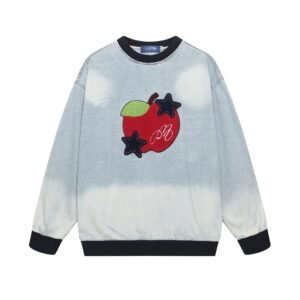 Colorblock Apple Embroidery Washed Denim Crew Neck Sweatshirt Men's Loose Casual Couple Top