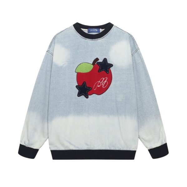 Colorblock Apple Embroidery Washed Denim Crew Neck Sweatshirt Men's Loose Casual Couple Top