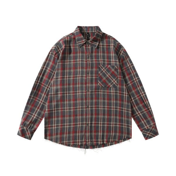 Letter Print Hem Frayed Plaid Long Sleeve Shirt Unisex Loose Casual Blouse - Image 8