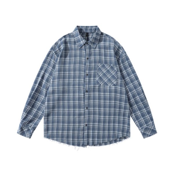 Letter Print Hem Frayed Plaid Long Sleeve Shirt Unisex Loose Casual Blouse - Image 7