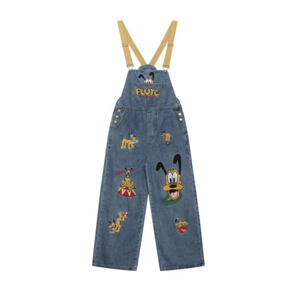 Washed Color-Blocked Cartoon Embroidered Overalls Denim Pants Unisex Loose Casual Long Trousers