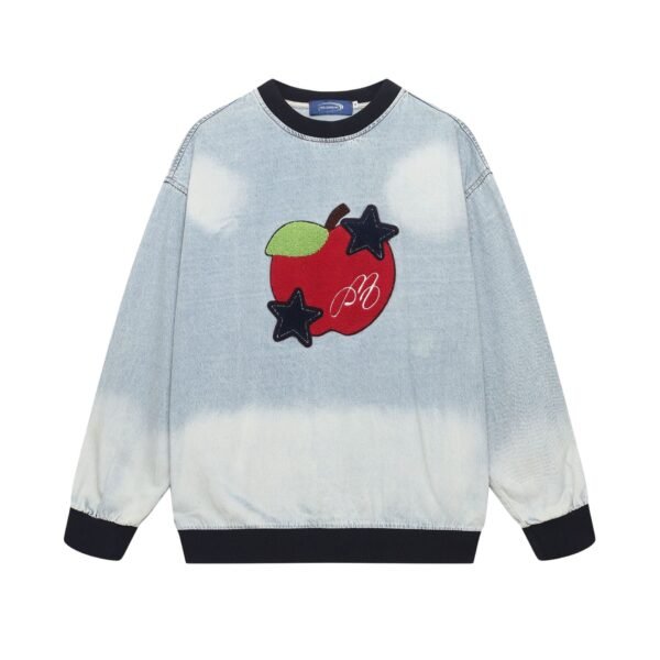 Colorblock Apple Embroidery Washed Denim Crew Neck Sweatshirt Men's Loose Casual Couple Top - Image 7