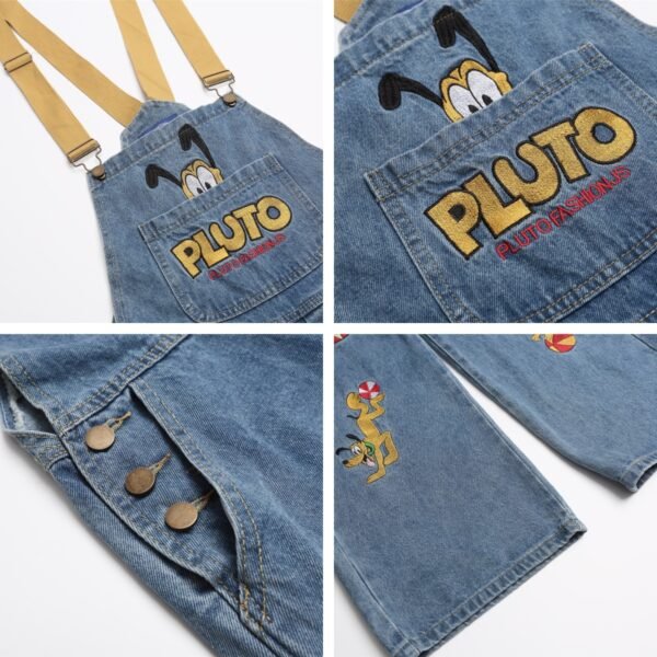 Washed Color-Blocked Cartoon Embroidered Overalls Denim Pants Unisex Loose Casual Long Trousers - Image 4