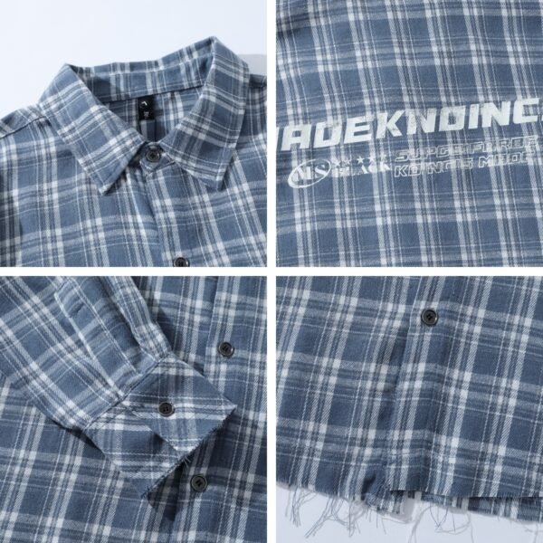 Letter Print Hem Frayed Plaid Long Sleeve Shirt Unisex Loose Casual Blouse - Image 4