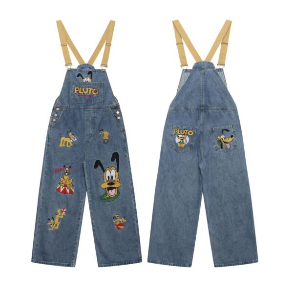 Washed Color-Blocked Cartoon Embroidered Overalls Denim Pants Unisex Loose Casual Long Trousers - Image 5