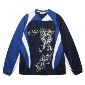 Retro Colorblock Anime Print V-Neck Sweatshirt Loose Casual Unisex Top