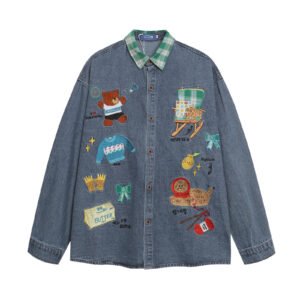 Fun Cartoon Embroidery Denim Long Sleeve Shirt Unisex Loose Fit All-Match Couple Blouse Jacket