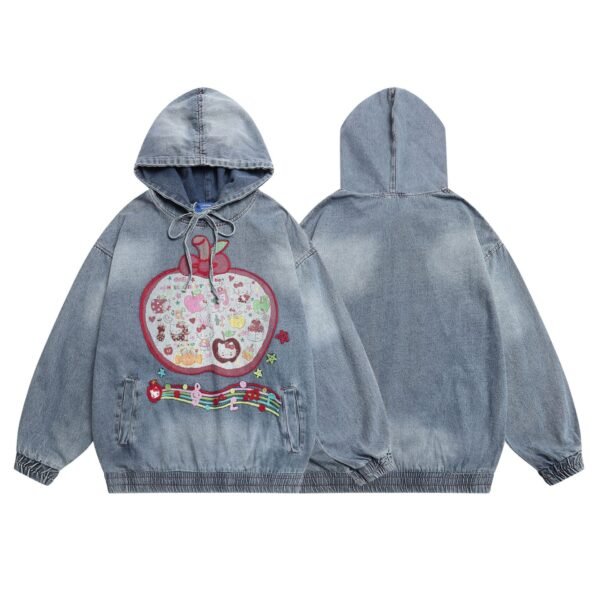 Washed Patchwork Open Front Denim Hoodie Men Loose Casual Trendy Couple Top - Image 3