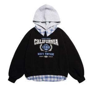 Letter Print Splicing Plaid Fake Two-Piece Hooded Sweatshirt Men's Loose Casual Couple Hoodie