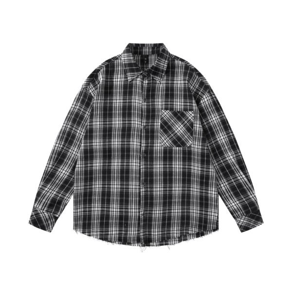 Letter Print Hem Frayed Plaid Long Sleeve Shirt Unisex Loose Casual Blouse - Image 6