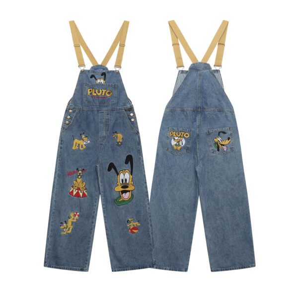 Washed Color-Blocked Cartoon Embroidered Overalls Denim Pants Unisex Loose Casual Long Trousers - Image 3
