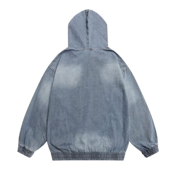 Washed Patchwork Open Front Denim Hoodie Men Loose Casual Trendy Couple Top - Image 2