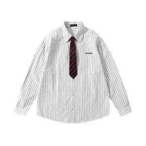 Striped Collar Tie College Style Long Sleeve Shirt Men's  Loose Couple Casual Versatile Shirt Jacket