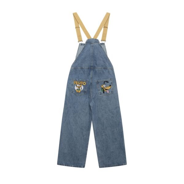 Washed Color-Blocked Cartoon Embroidered Overalls Denim Pants Unisex Loose Casual Long Trousers - Image 2