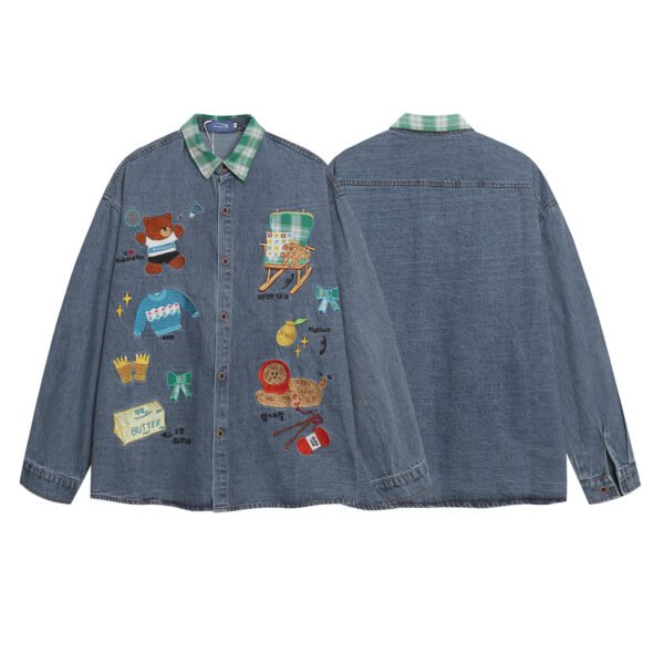 Fun Cartoon Embroidery Denim Long Sleeve Shirt Unisex  Loose Fit All-Match Couple Blouse Jacket - Image 3