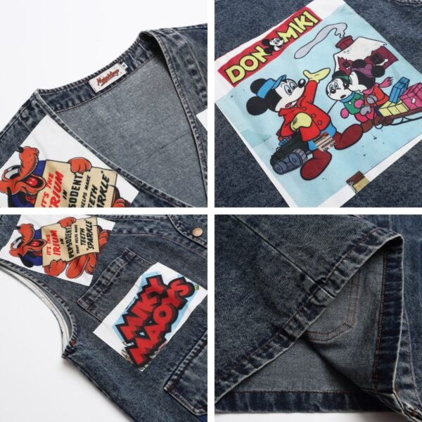 Cartoon Print Multi-Pocket Distressed Denim Vest for Women and Men Loose Layered Jacket - Image 4