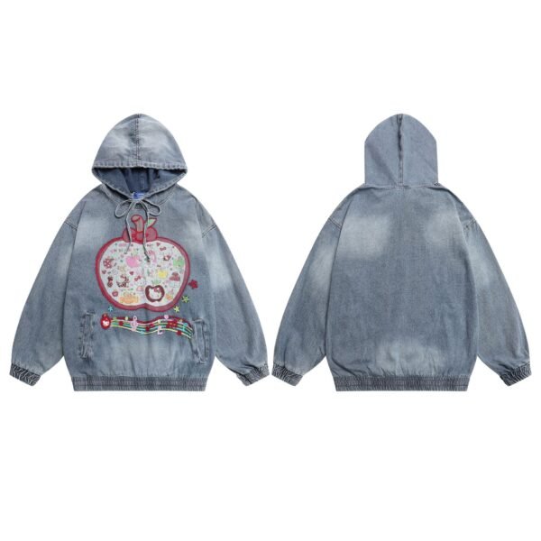 Washed Patchwork Open Front Denim Hoodie Men Loose Casual Trendy Couple Top - Image 5
