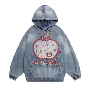 Washed Patchwork Open Front Denim Hoodie Men Loose Casual Trendy Couple Top