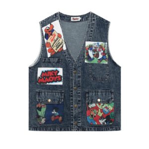 Cartoon Print Multi-Pocket Distressed Denim Vest for Women and Men Loose Layered Jacket