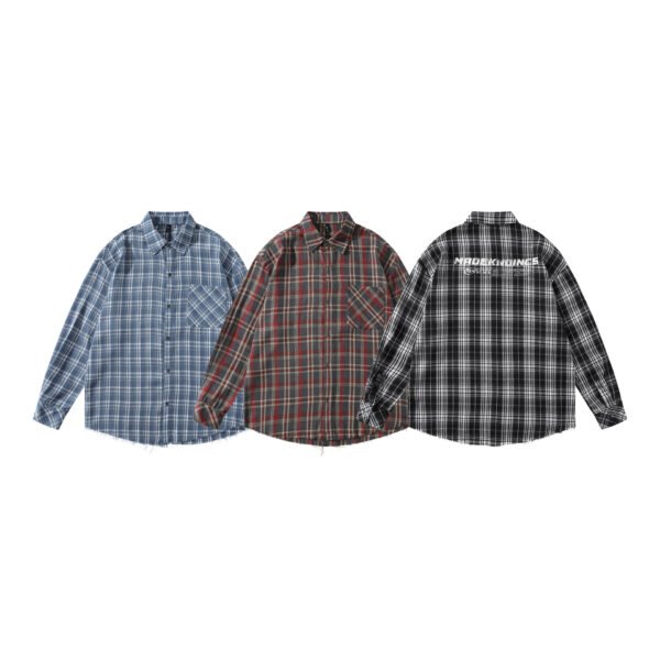 Letter Print Hem Frayed Plaid Long Sleeve Shirt Unisex Loose Casual Blouse - Image 5