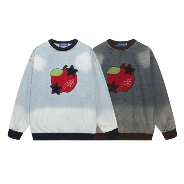 Colorblock Apple Embroidery Washed Denim Crew Neck Sweatshirt Men's Loose Casual Couple Top - Image 5