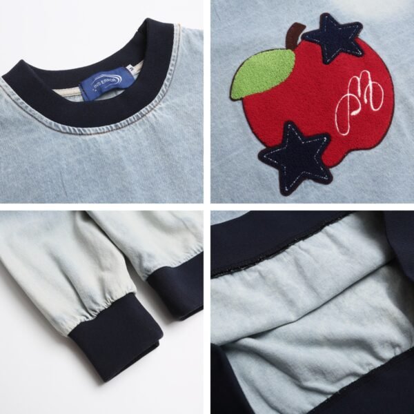 Colorblock Apple Embroidery Washed Denim Crew Neck Sweatshirt Men's Loose Casual Couple Top - Image 4